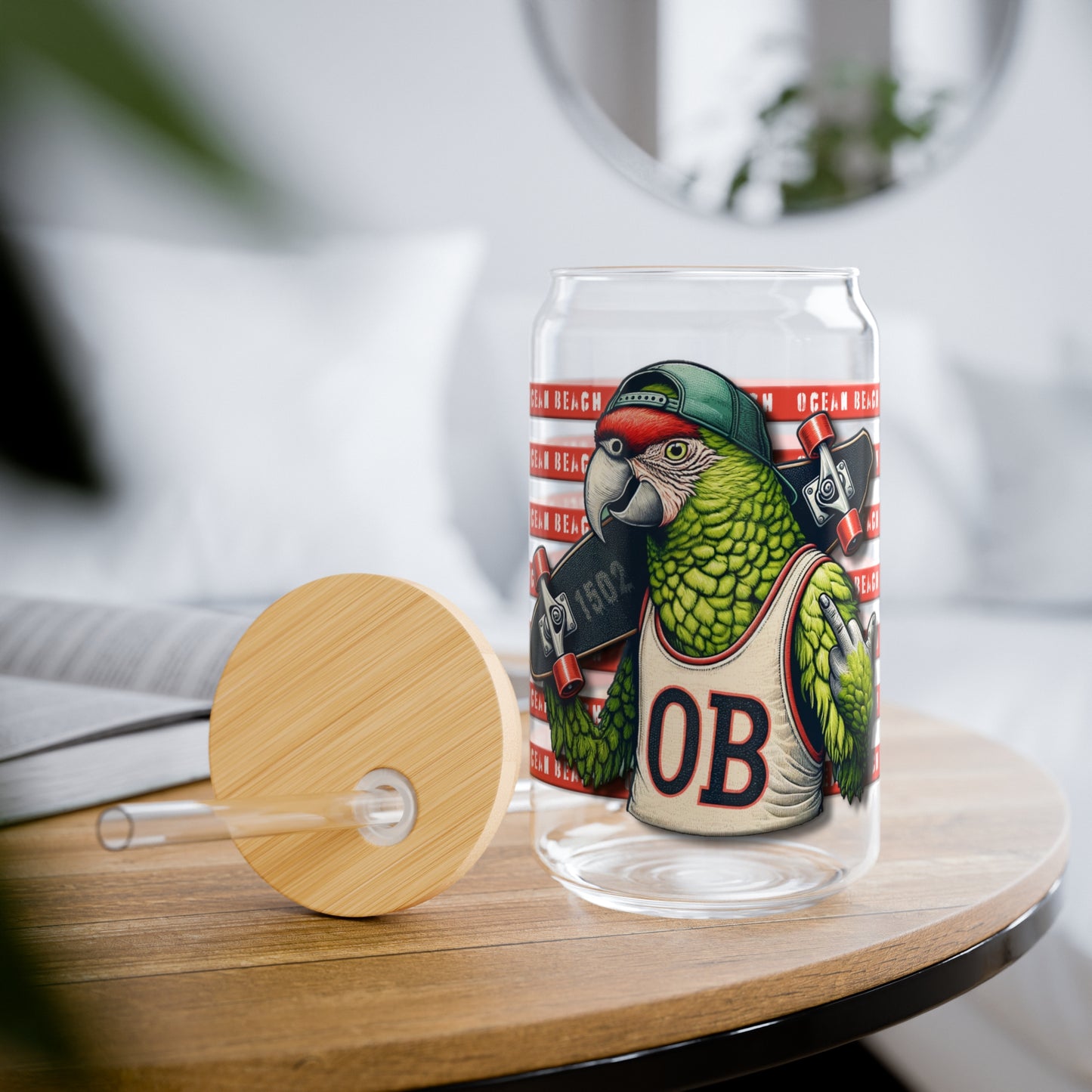 OB Skater Parrot Flipping the Bird Sipper Glass, 16oz