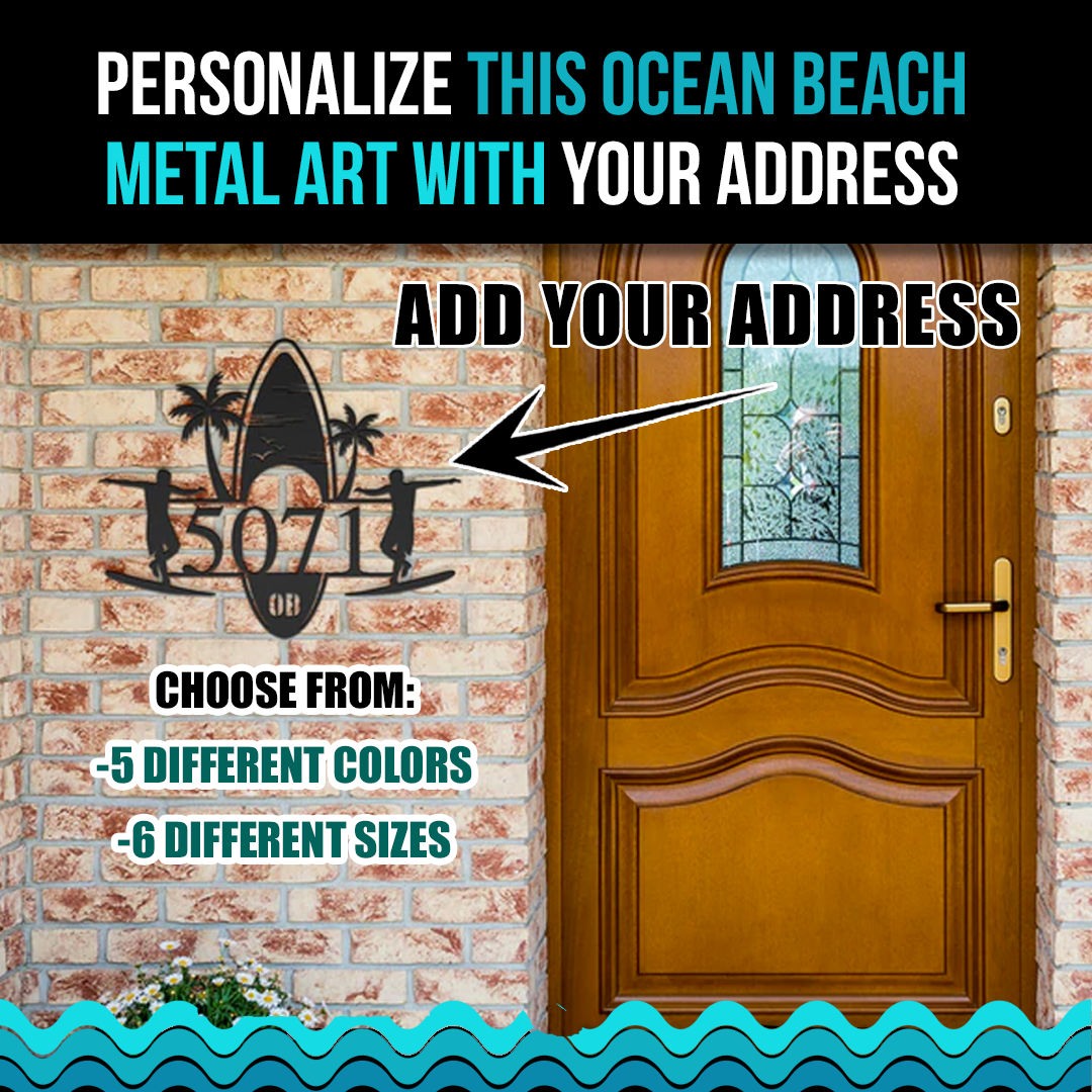 Surfing Ocean Beach Address Metal Sign (PERSONALIZED)